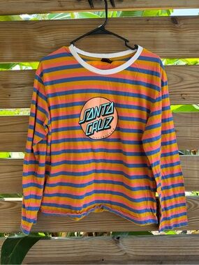 Santa Cruz Skateboards Kids Long Sleeve Striped Tee in Orange, Pink & Blue